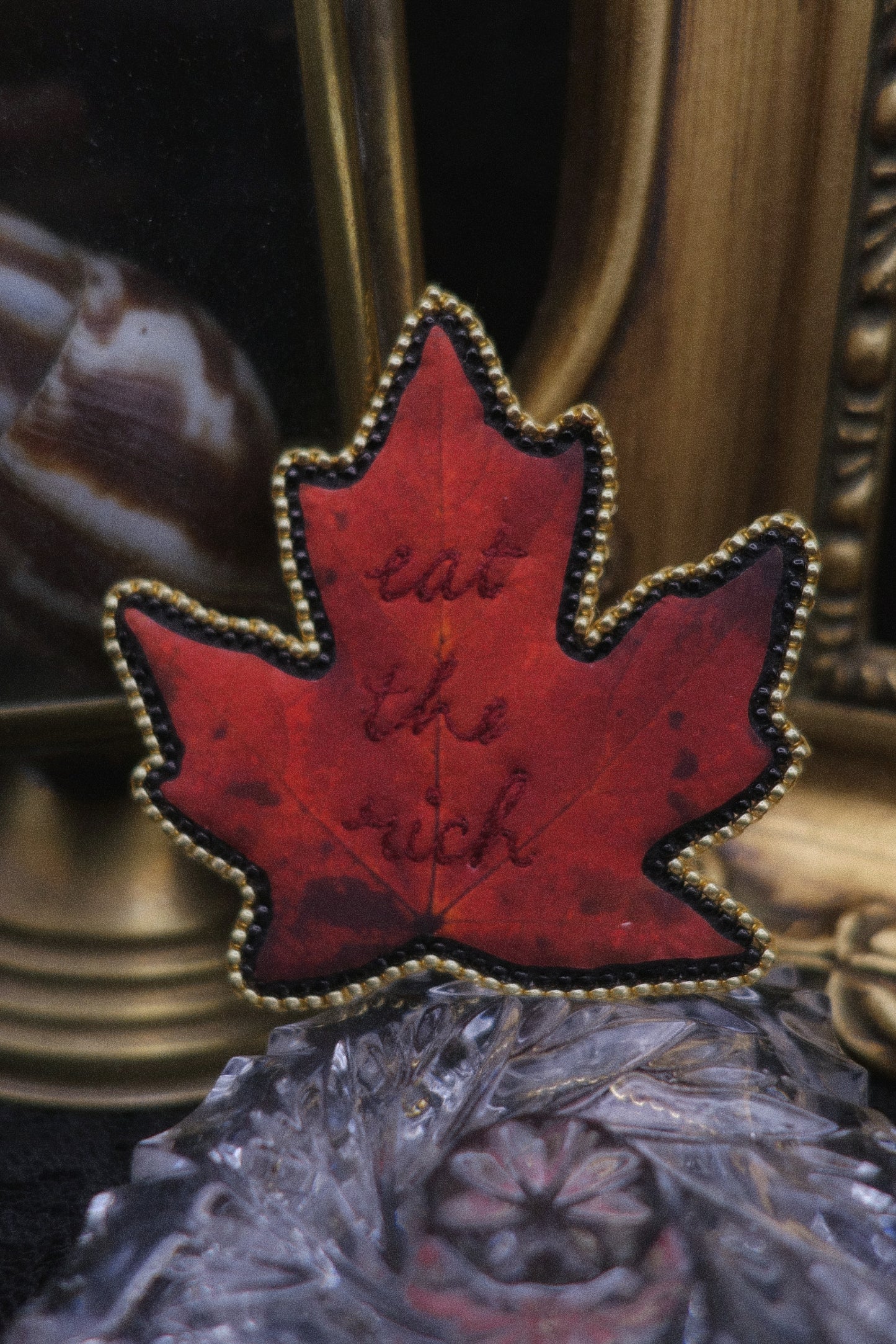 Broche feuille "eat the rich"