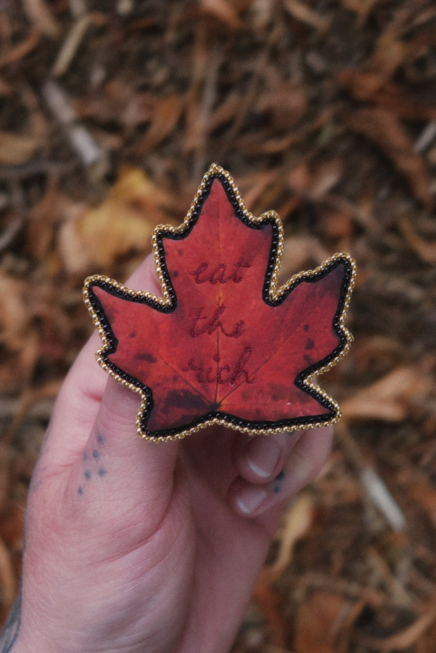 Broche feuille "eat the rich"